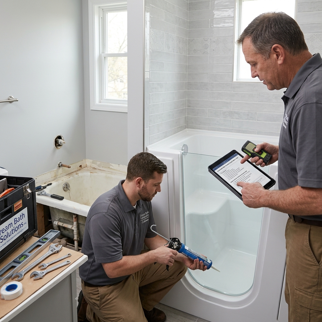 Two factory-trained craftsmen measuring and prepping a small La Grange bathroom for a new walk-in tub installation