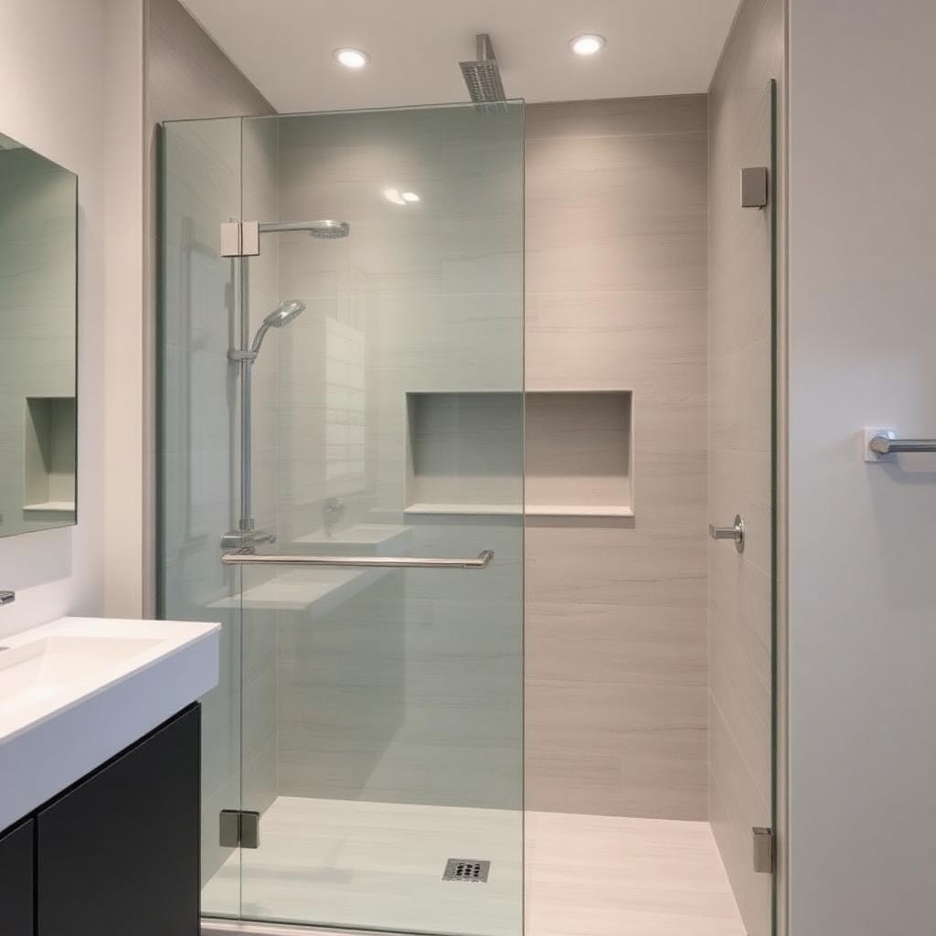 Modern curbless walk-in shower with frameless glass and recessed wall niche