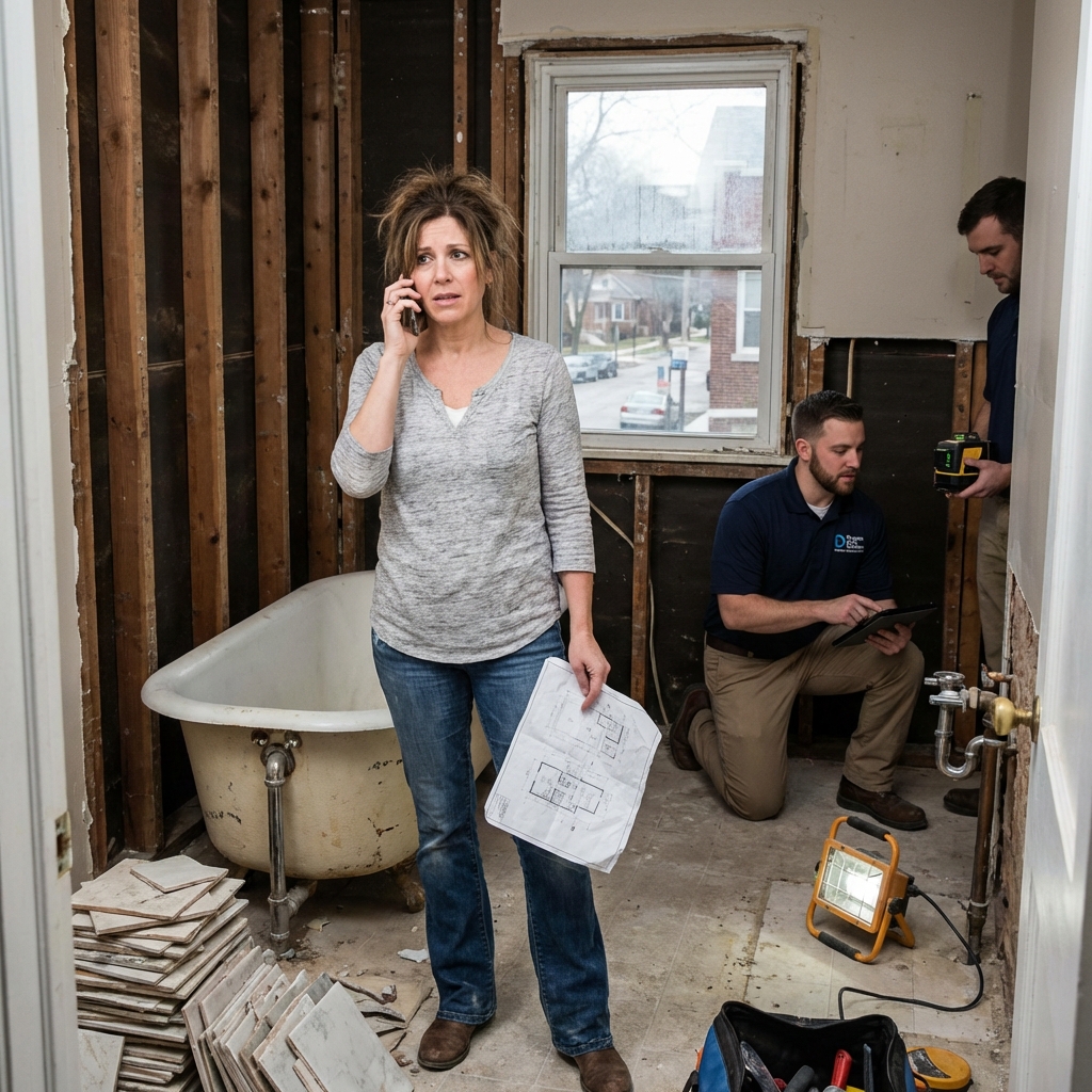 Bathroom renovation assessment showing contractor evaluating incomplete tile and plumbing work