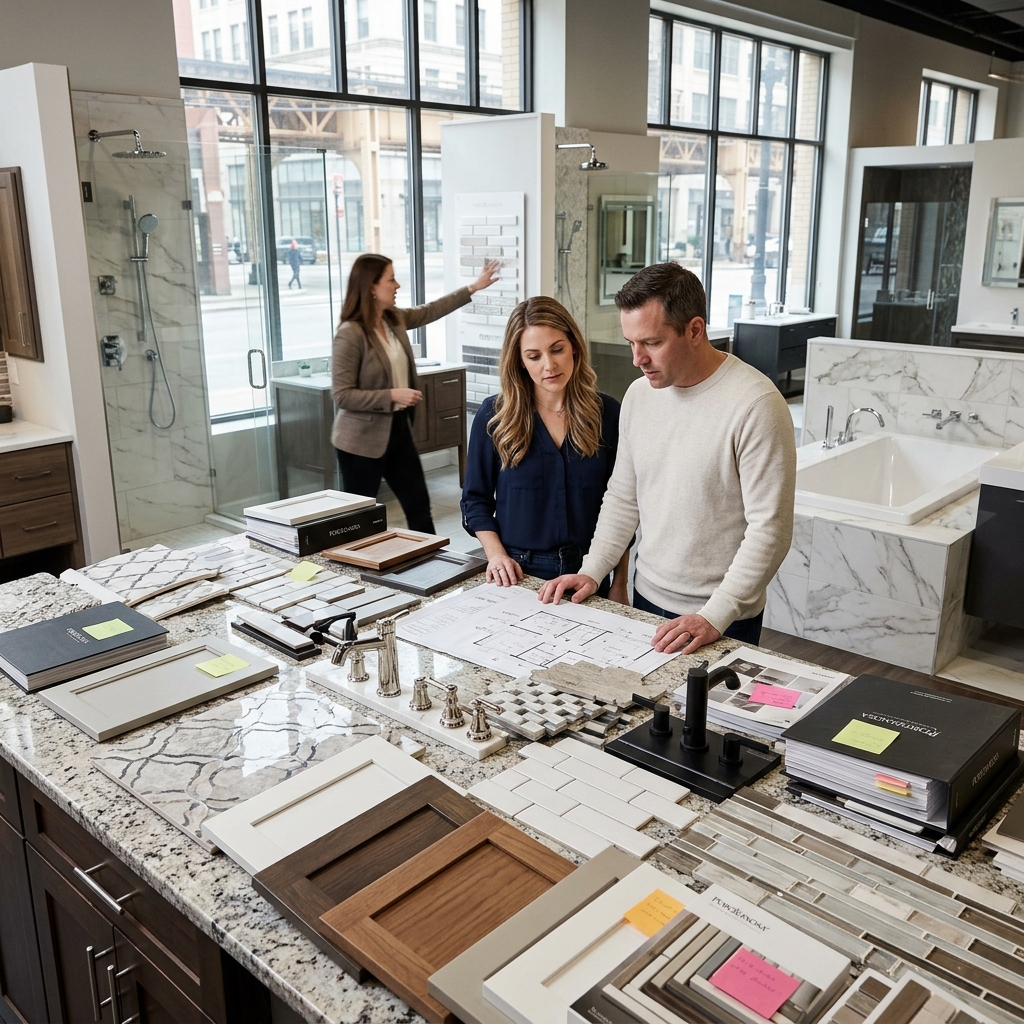 Designers reviewing premium tile, stone, and finish samples in a Chicago showroom