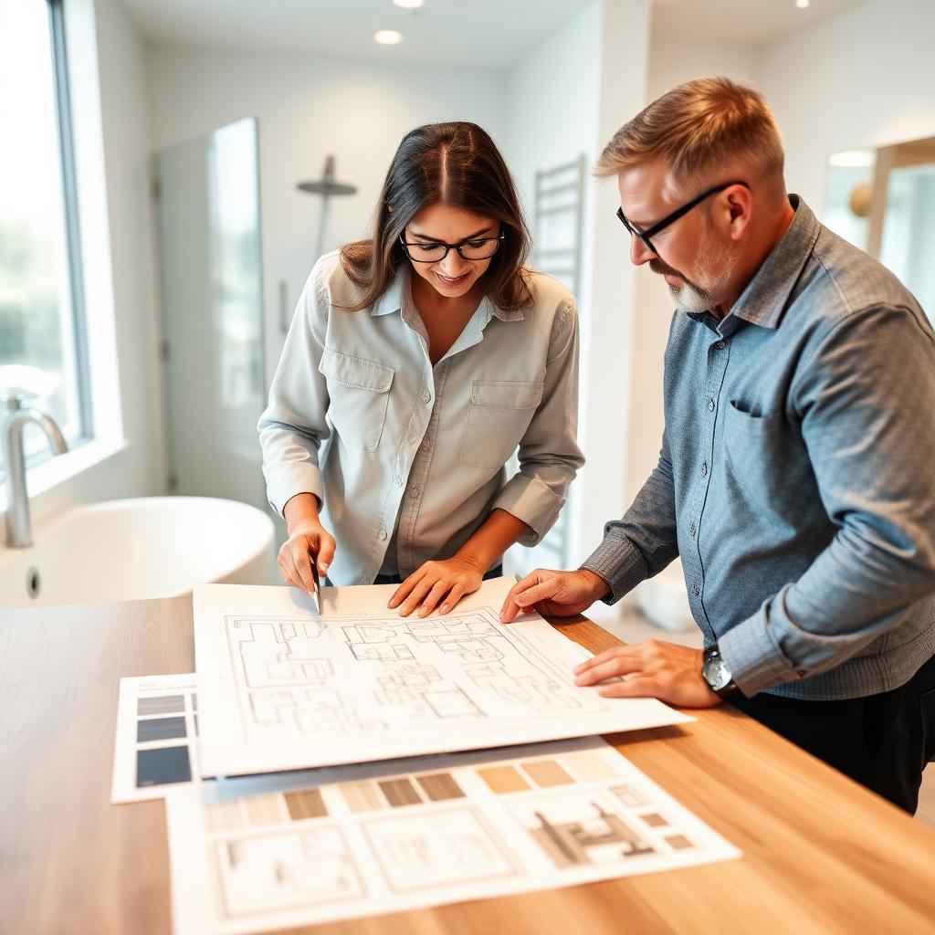 Designer and homeowner reviewing custom bathroom layout plans and material samples