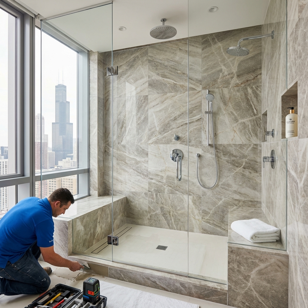 Modern walk-in shower with slip-resistant tile flooring and glass enclosure