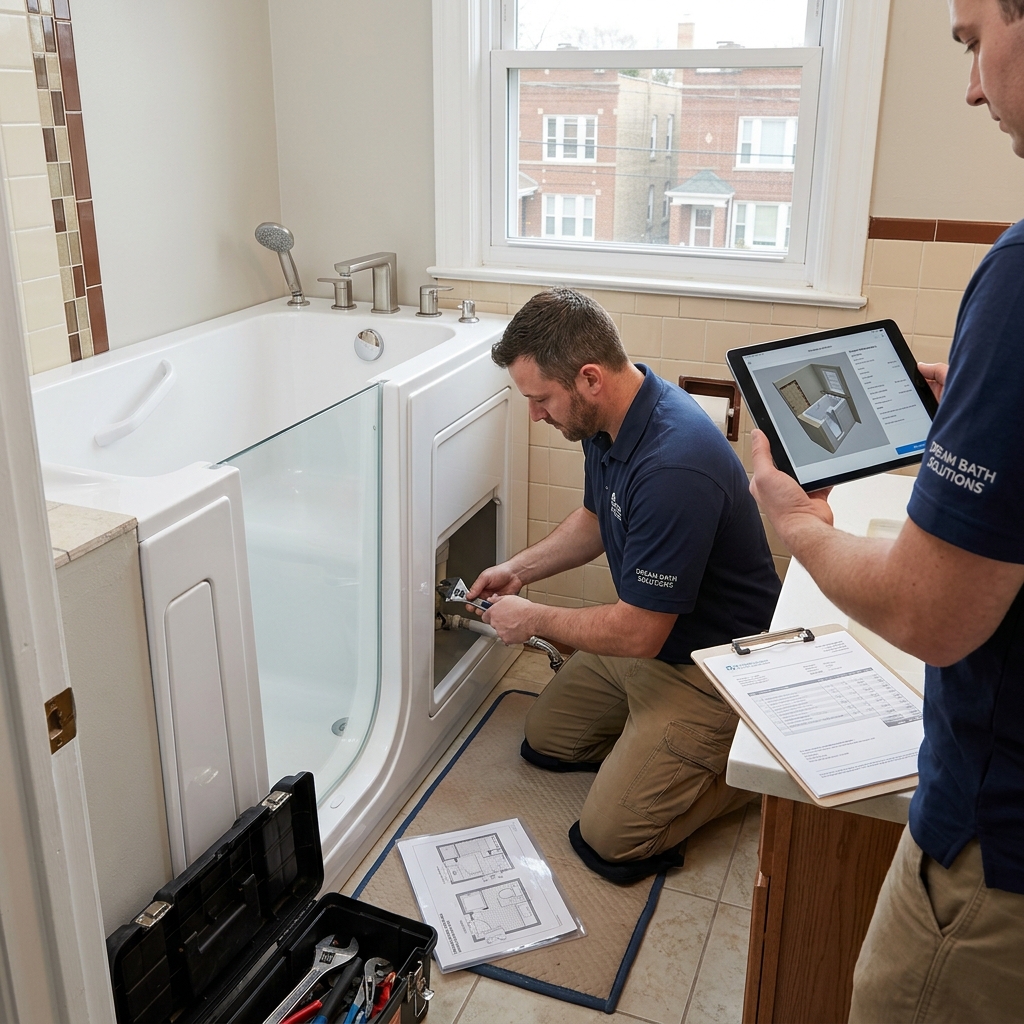 Project manager reviewing the install checklist on a tablet inside a finished walk-in tub bathroom