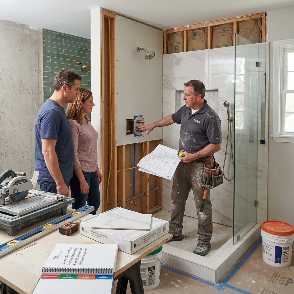 Dream Bath Solutions craftsman reviewing custom shower design plans with homeowners during an Orland Park bathroom remodel