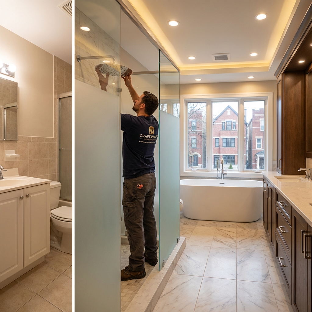 Modern custom-designed bathroom with elegant marble finishes and walk-in shower