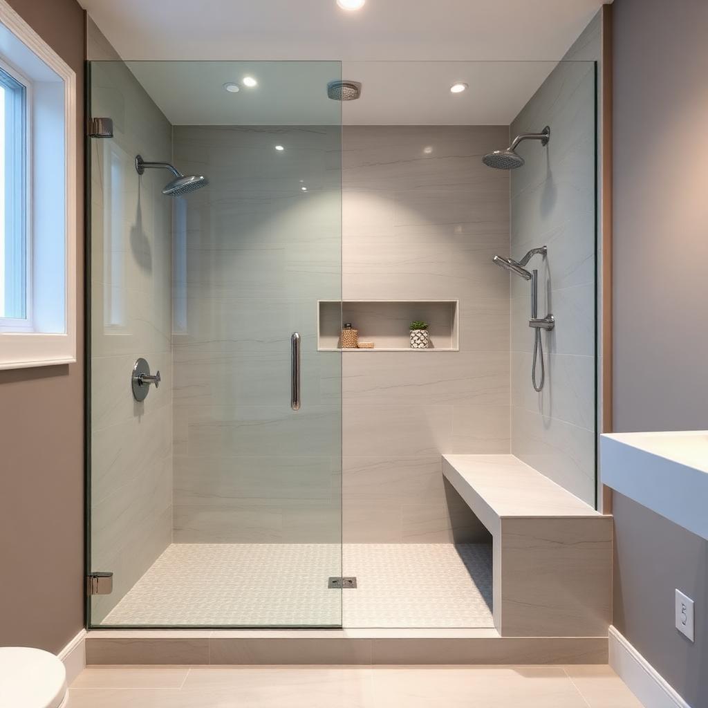 Custom walk-in shower with frameless glass, built-in bench, and recessed niche storage