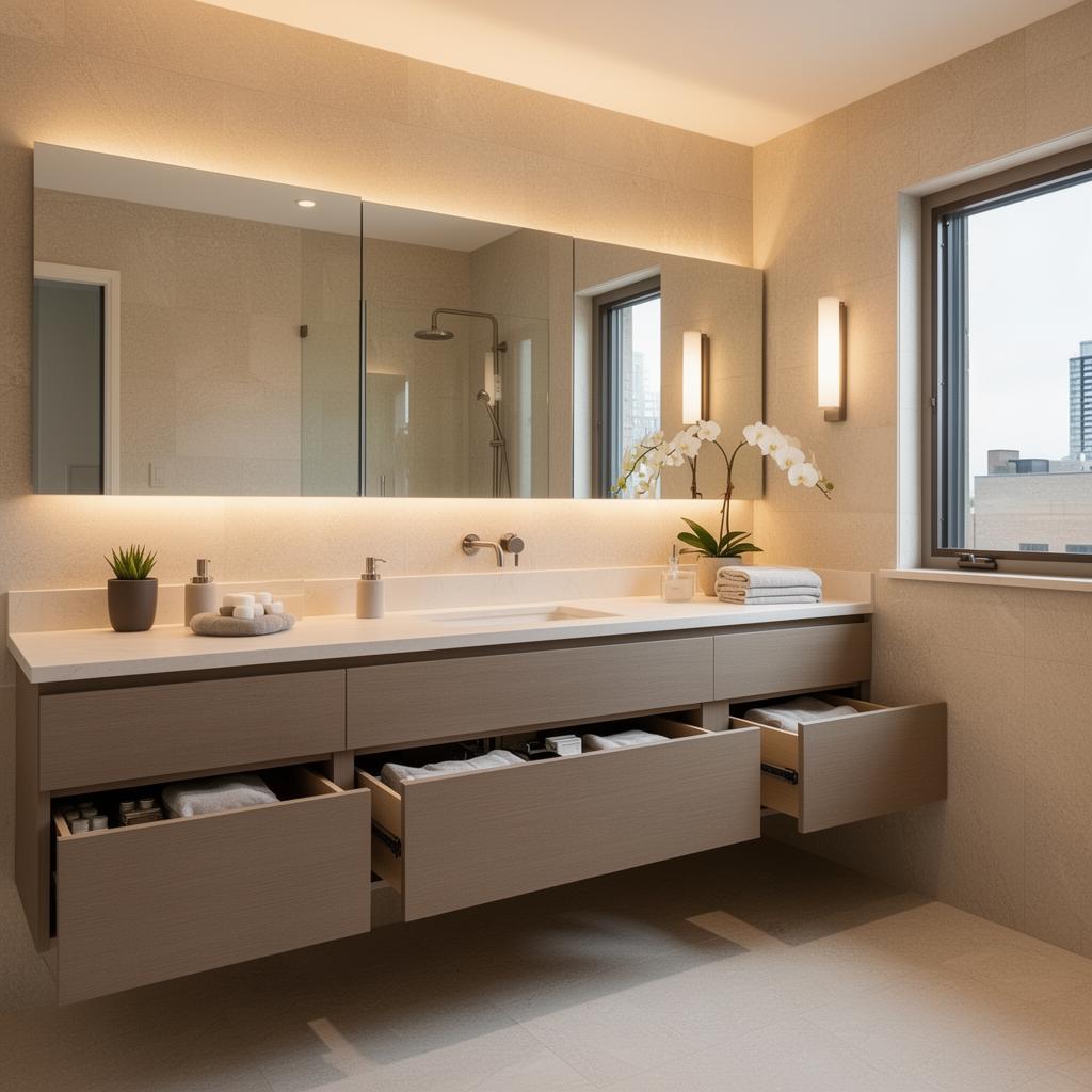 Modern floating vanity with organized drawer storage in a spa bathroom