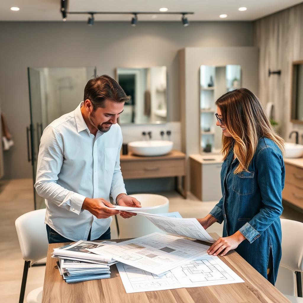 Homeowner and designer reviewing custom bathroom layout plans and material samples