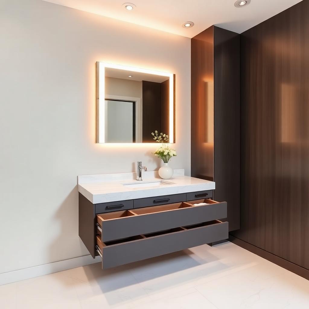 Modern floating vanity with quartz countertop and warm LED mirror lighting
