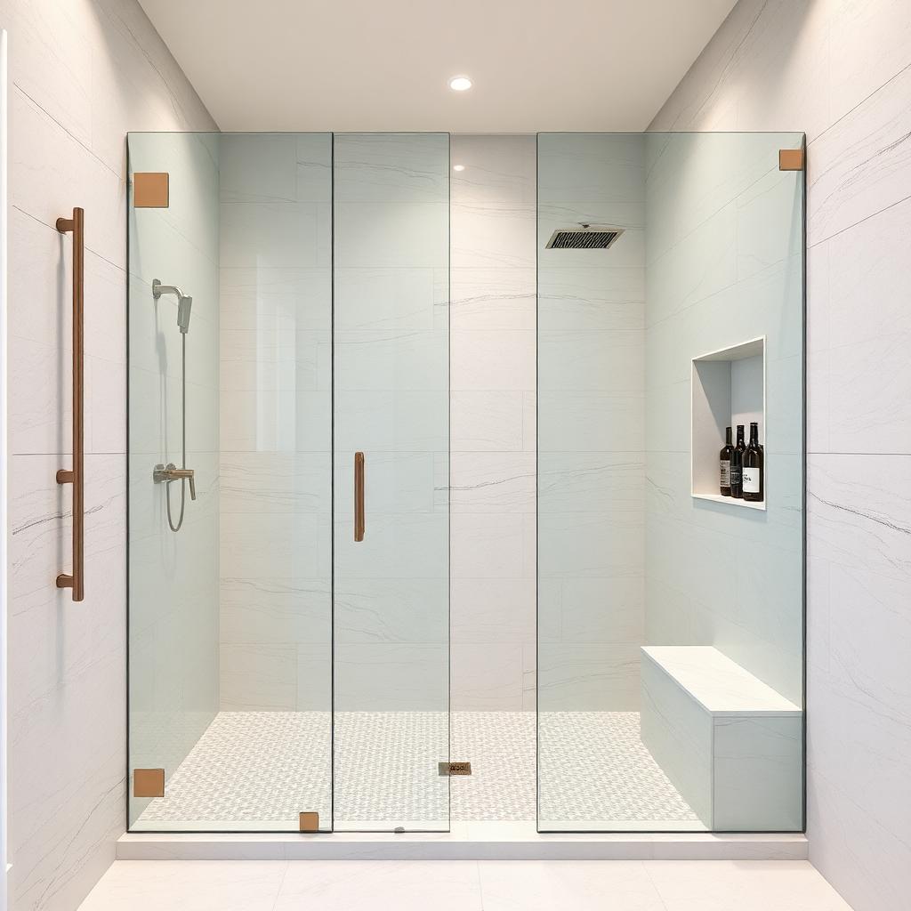 Custom curbless shower with frameless glass panel, built-in bench, and recessed niche