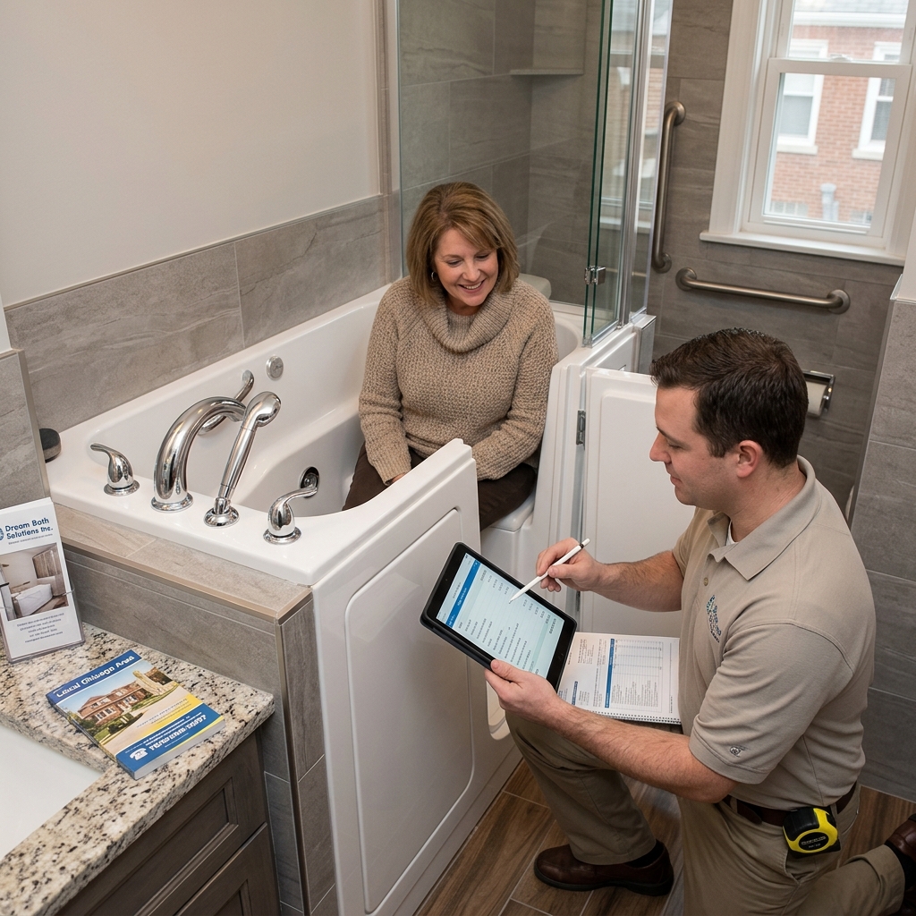 Homeowner seated comfortably inside a newly installed walk-in tub while our craftsman walks through the final checklist
