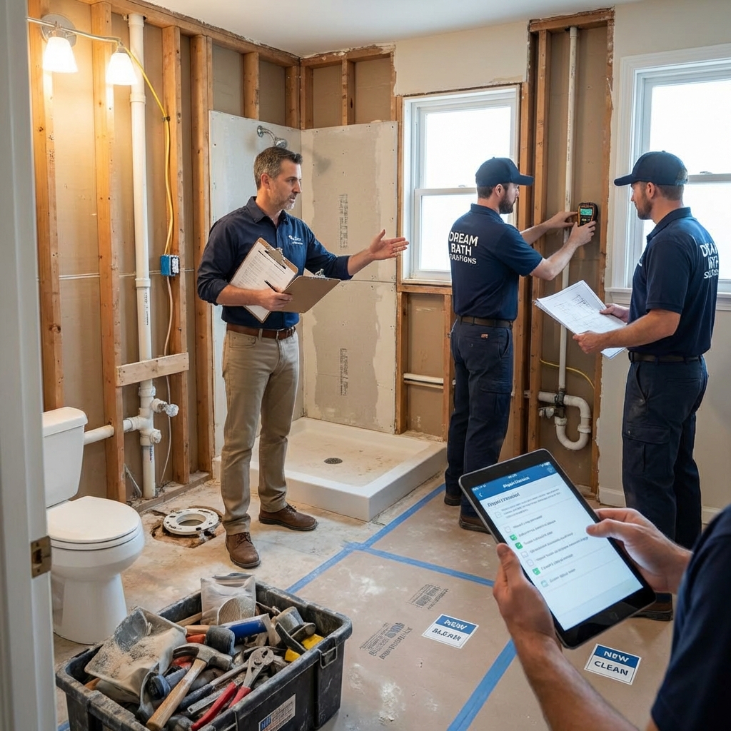 Professional bathroom remodeling team working on a luxury bathroom renovation project