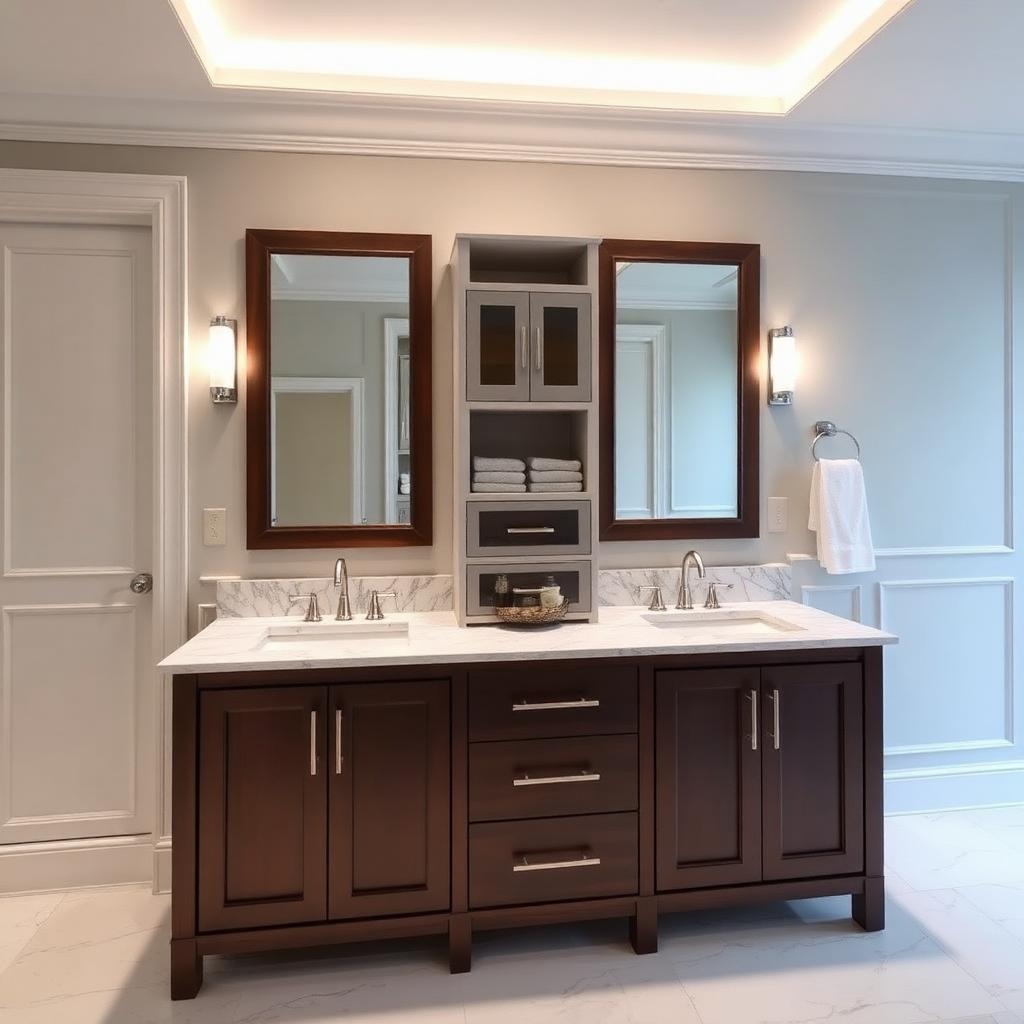 Custom double vanity with quartz countertop, designer lighting, and linen tower storage