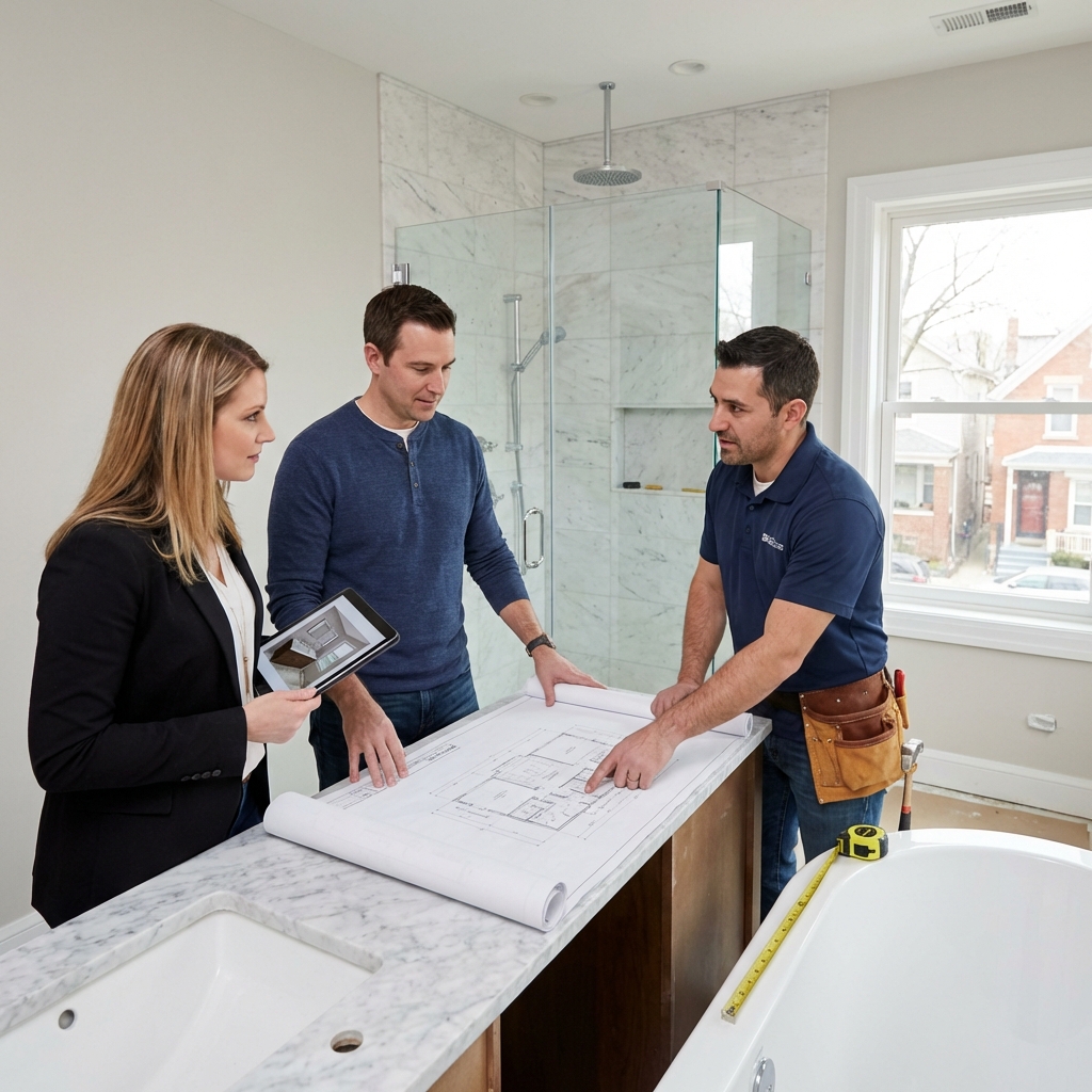 Custom bathroom transformation showing modern design elements and smart storage