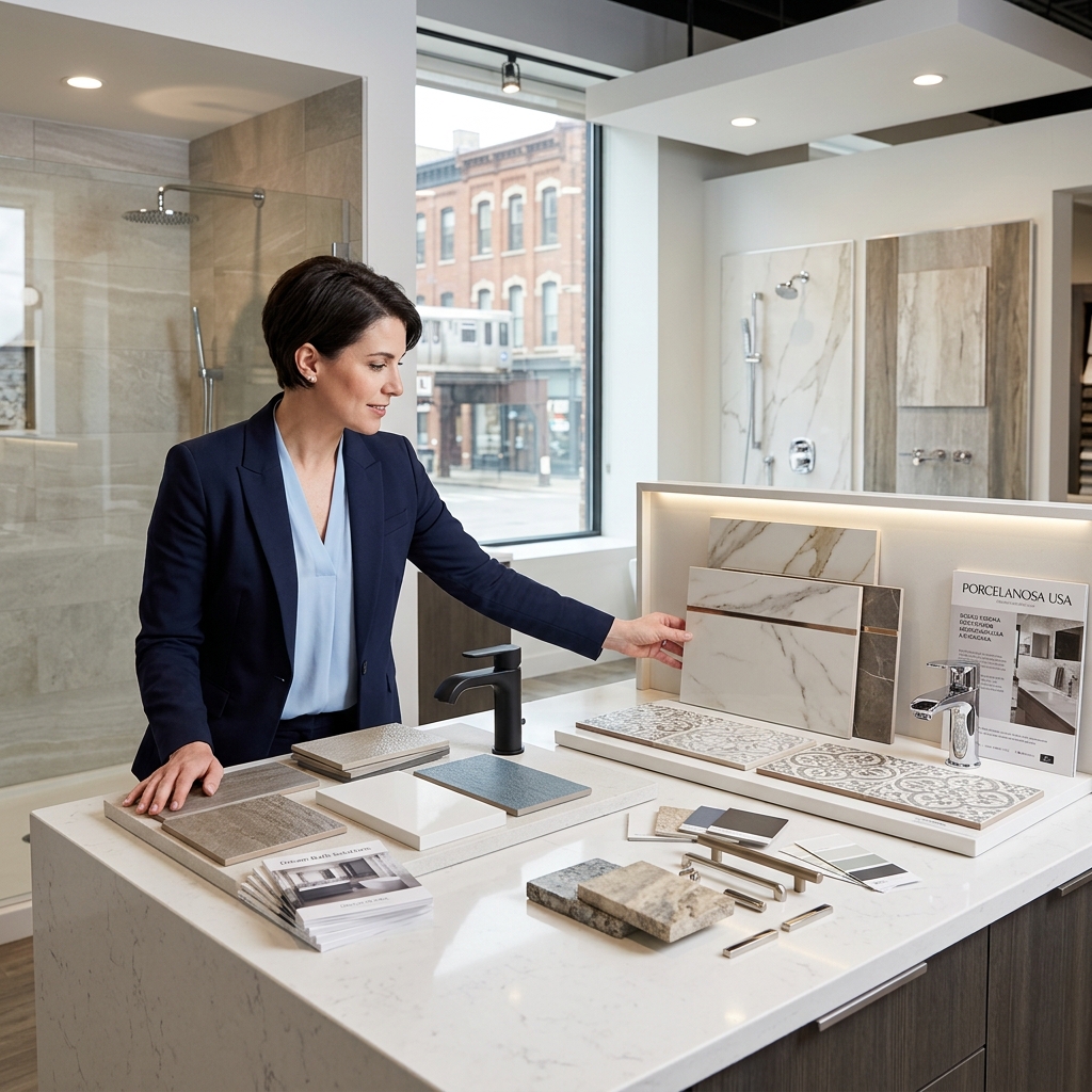 Designer comparing porcelain and natural stone finish samples in a modern Chicago showroom