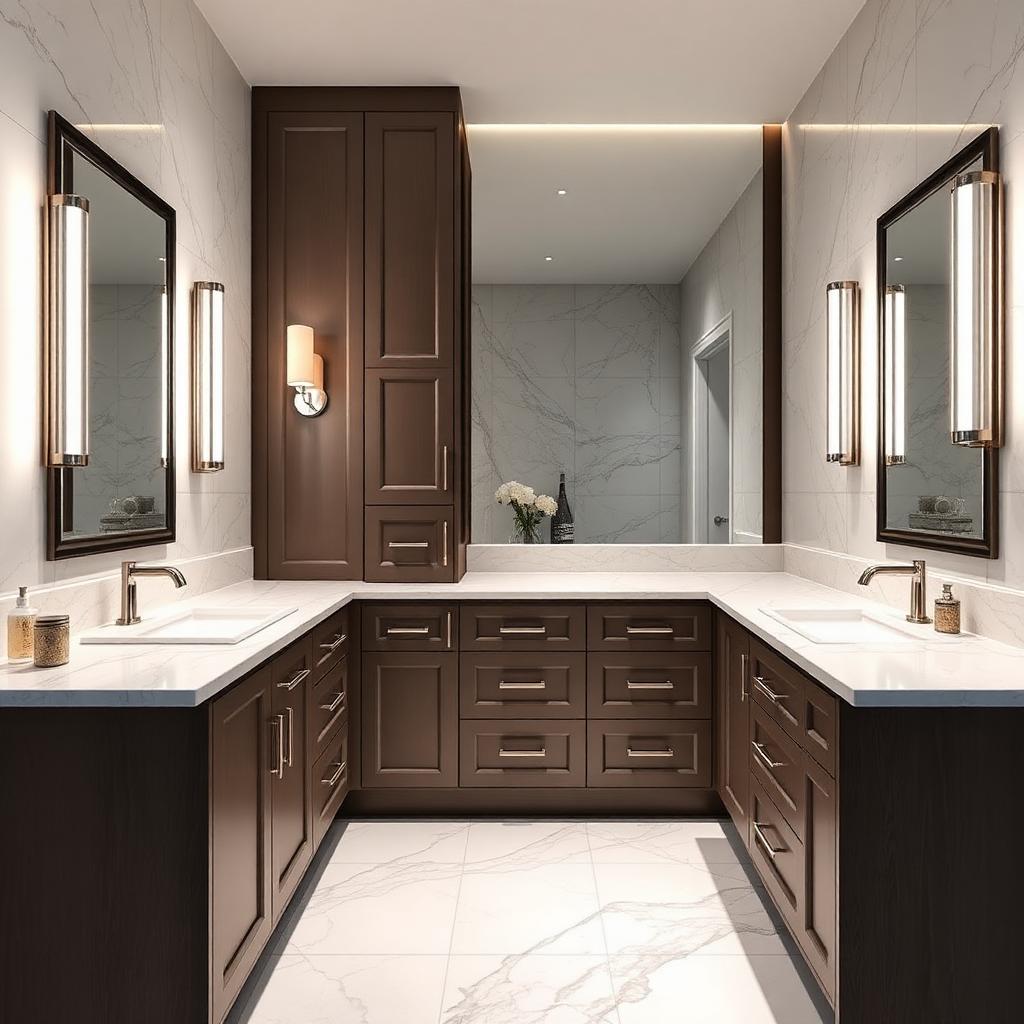 Elegant double vanity bathroom with quartz countertop and layered lighting