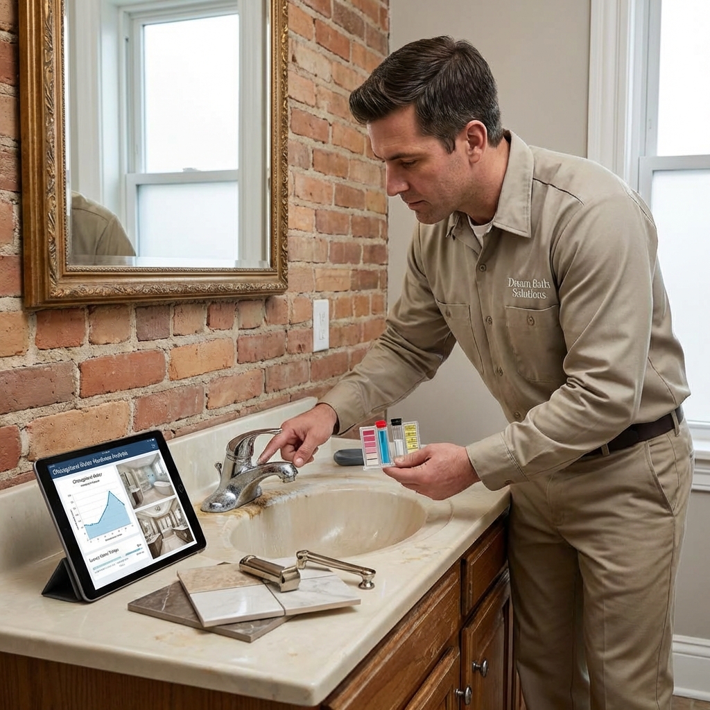 Craftsman carefully installing premium bathroom tile and fixtures
