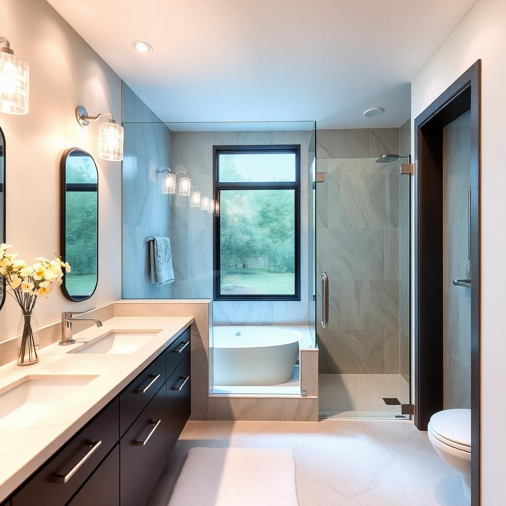 Completed luxury bathroom renovation with walk-in shower and modern vanity in Chicagoland
