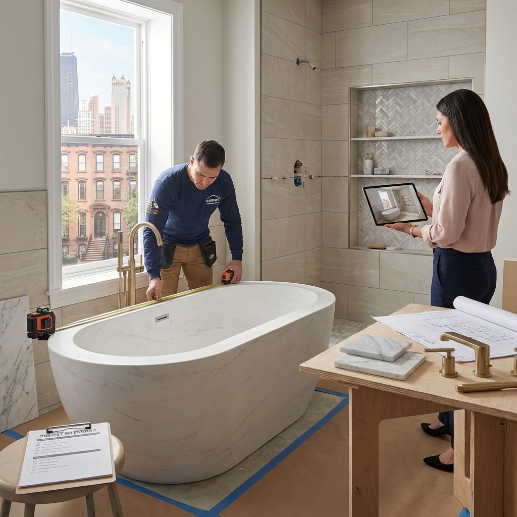 Custom bathtub design with elegant tile surround in a modern bathroom