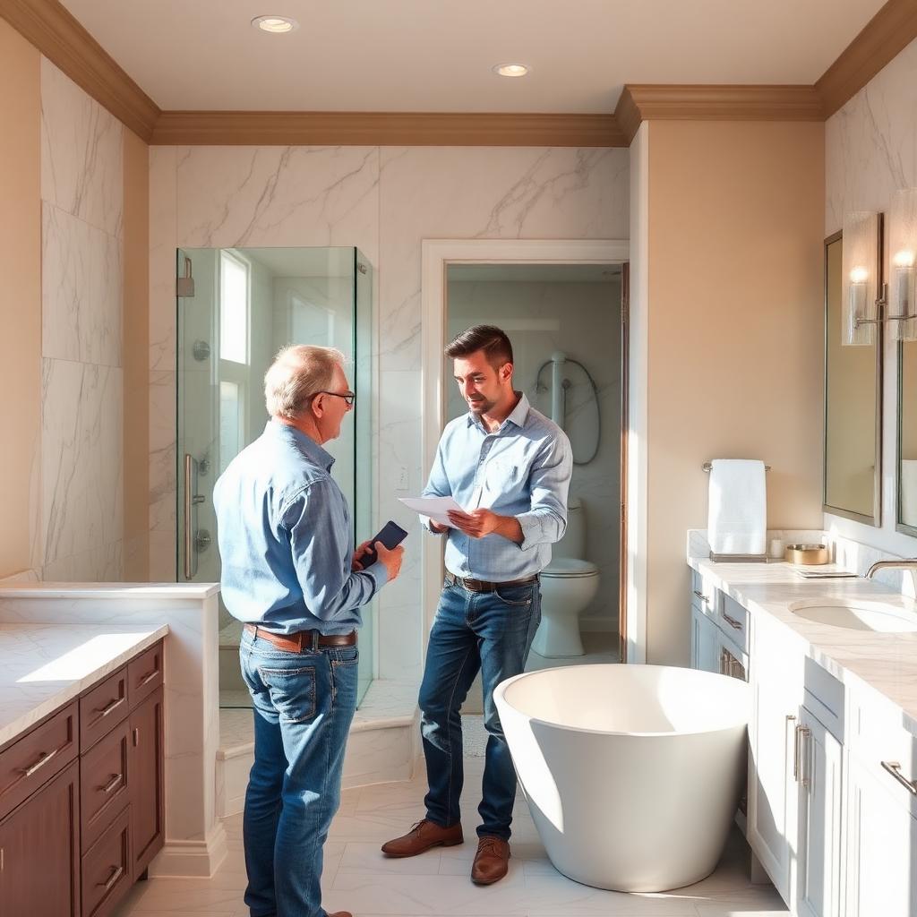 Homeowner and contractor reviewing finishes during a luxury bathroom remodeling consultation