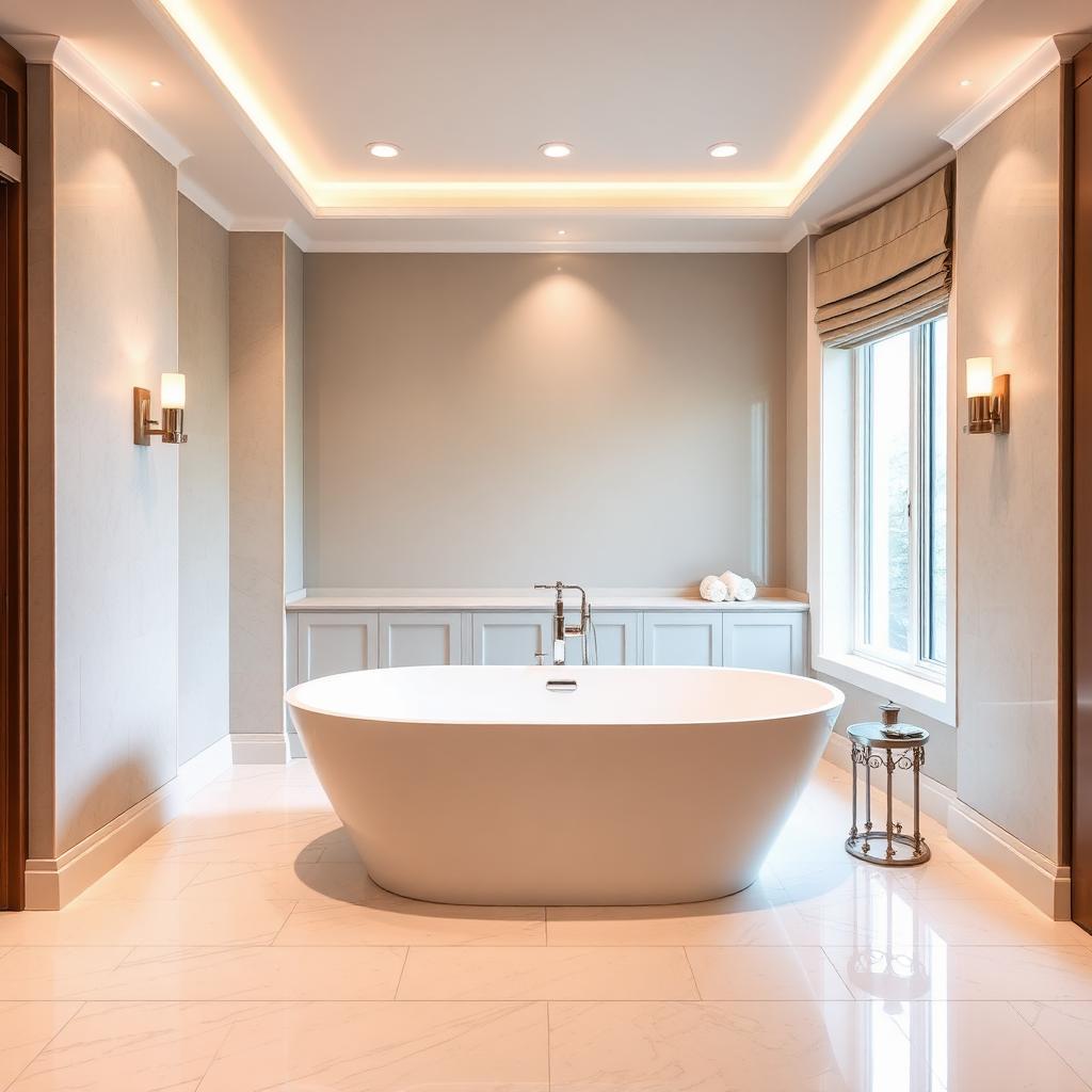 Luxury bathroom with freestanding soaking tub, heated porcelain floors, and layered ambient lighting