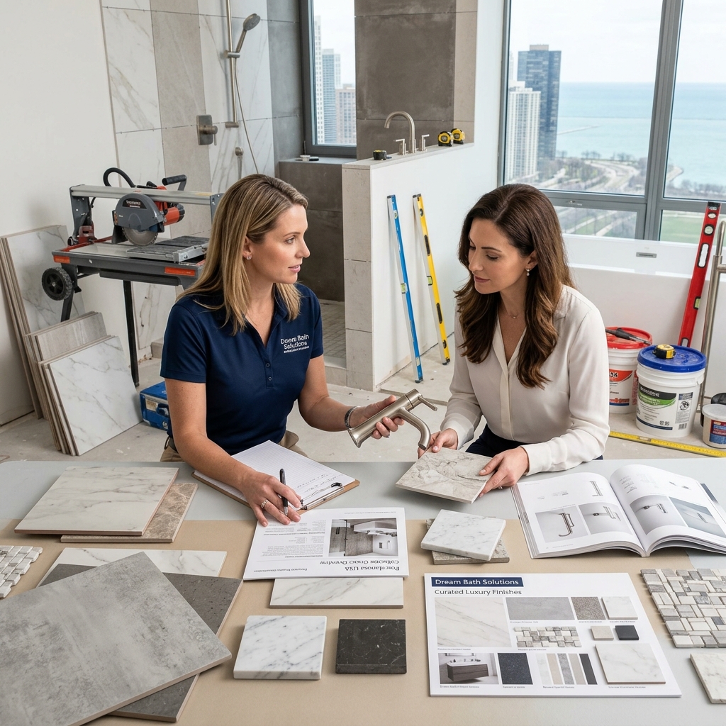 Dream Bath Solutions designer reviewing finish samples on-site with a client in a Chicago high-rise bathroom