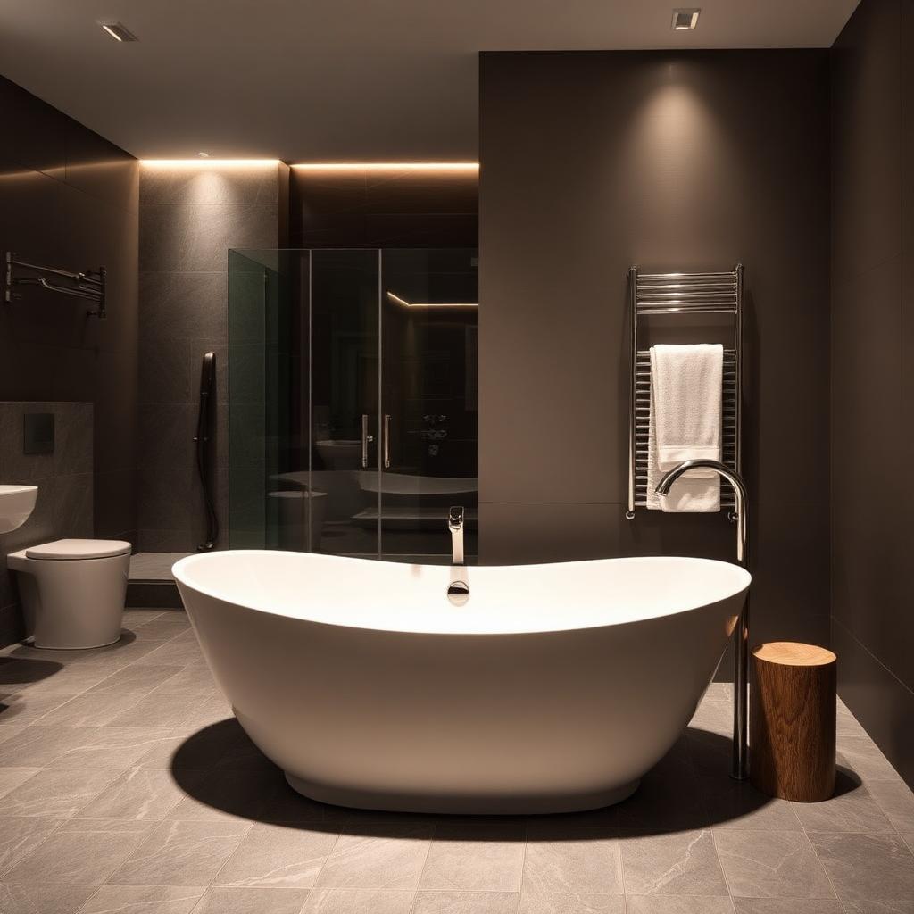 Spa-like luxury bathroom with freestanding soaking tub and heated floors