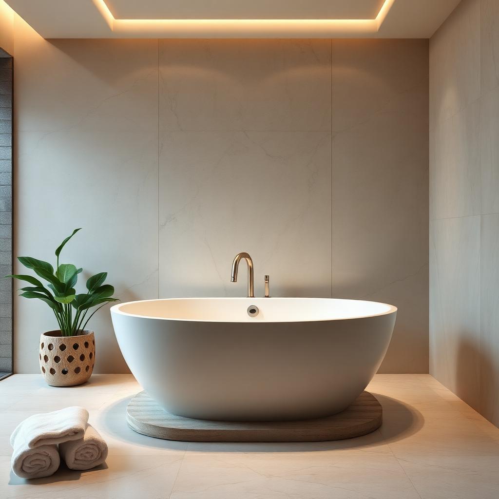 Spa-like luxury bathroom retreat with freestanding soaking tub and calming neutral design