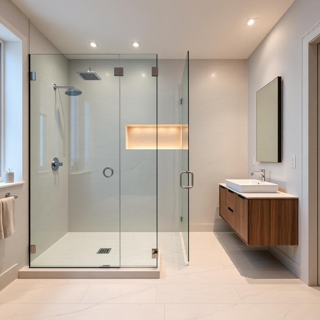 Completed luxury bathroom renovation with curbless walk-in shower and floating vanity