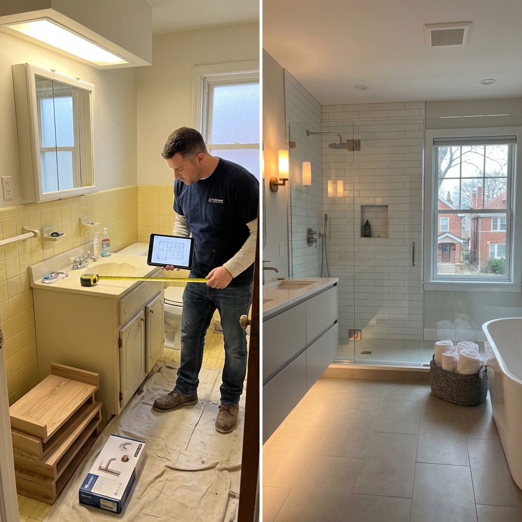 Before and after comparison of an affordable spa bathroom transformation