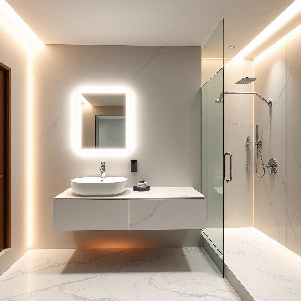 Accessible bathroom with heated floors, layered LED lighting, and modern grab bars
