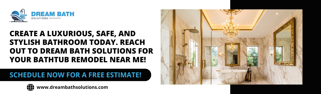 Luxurious marble bathroom with bathtub remodeling near me promotion by Dream Bath Solutions offering free estimate.