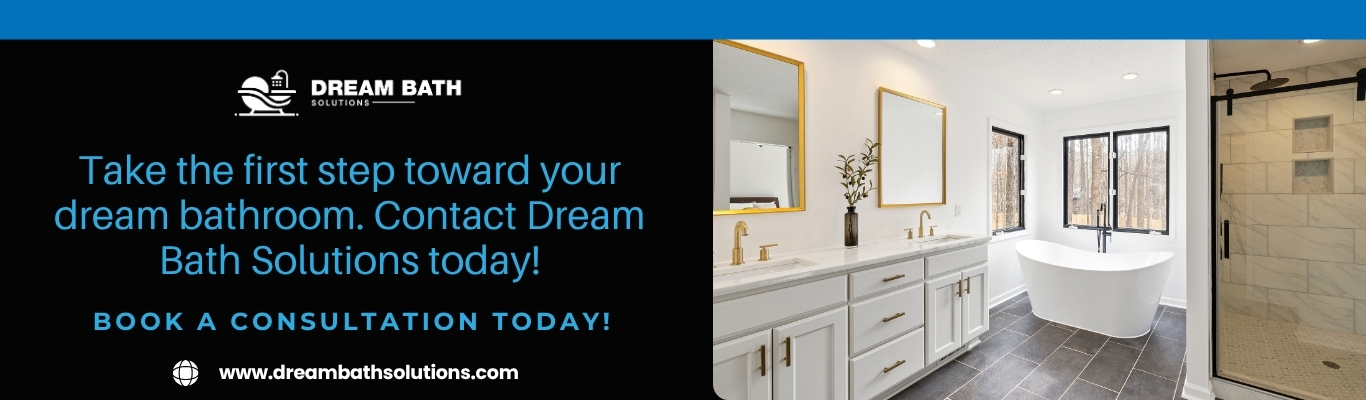Modern white bathroom with bathtub and shower promoting Dream Bath Solutions consultation for bathroom remodel service.