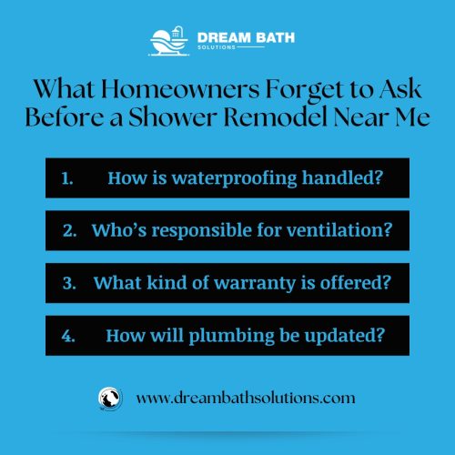Infographic by Dream Bath Solutions listing key questions homeowners forget to ask before a shower remodel near me.